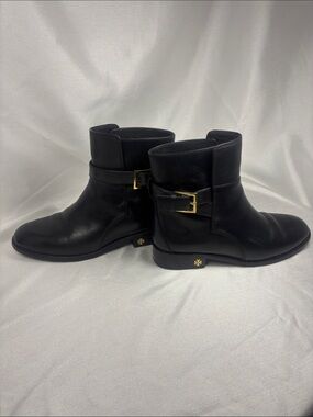 Tory Burch Black Leather Ankle Booties with Gold Buckle